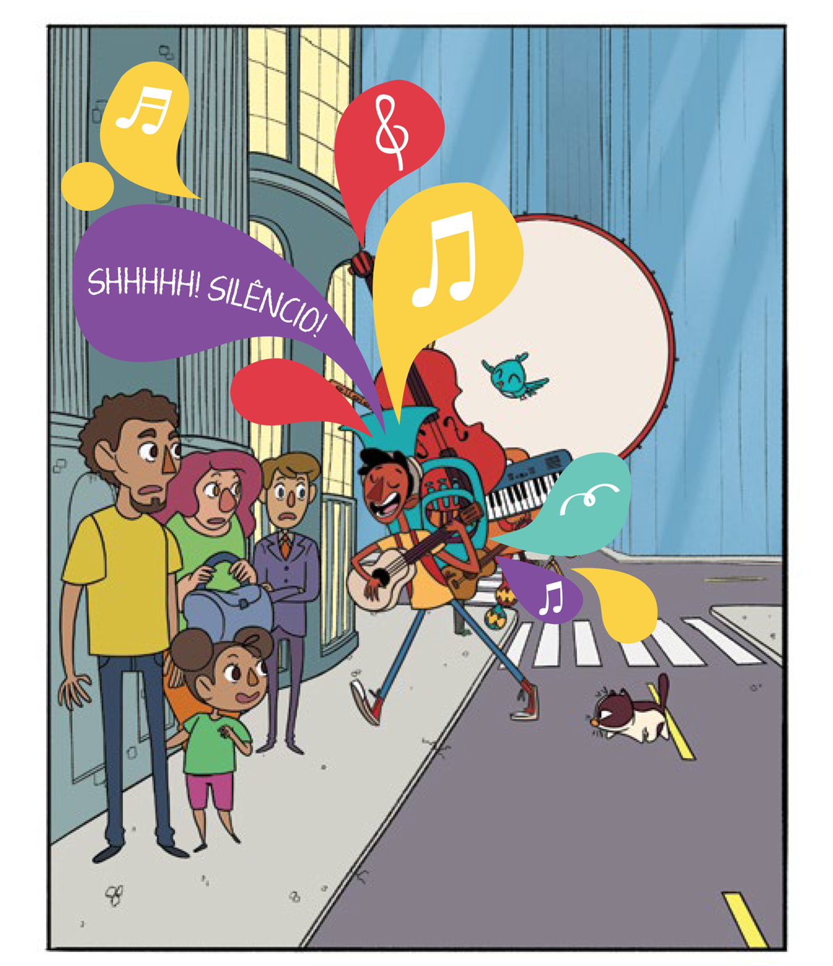 Quadro 2: o jovem instrumentista Tuhu atravessa a rua tocando seu violão e carregando todos os seus outros instrumentos nas costas, violoncelo, teclado, viola, trompa, chocalho. Seguido pela sagaz passarinha, Noêmia e pelo gato preguiçoso, Raul. As pessoas na fila observam ainda sem entender. Na fila, o público que aguarda para entrar no teatro olha com curiosidade e surpresa.