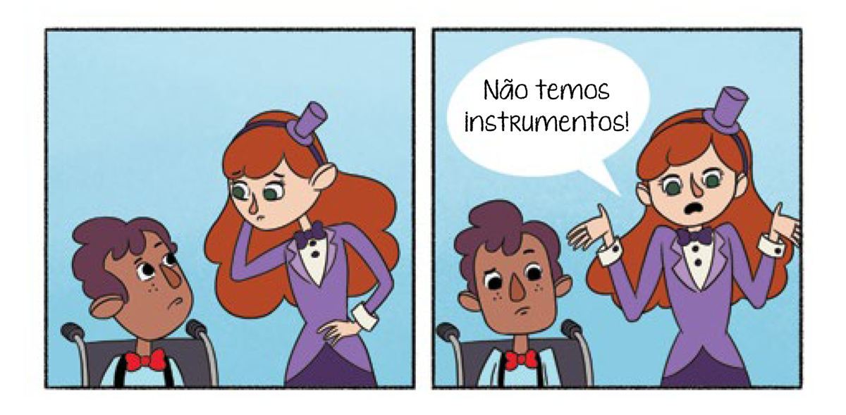 Quadro 1: Os jovens artistas se olham confusos. Quadro 2: O jovem artista em cadeiras de rodas olha tristonho. A jovem artista responde com as mãos levantadas acima dos ombros.