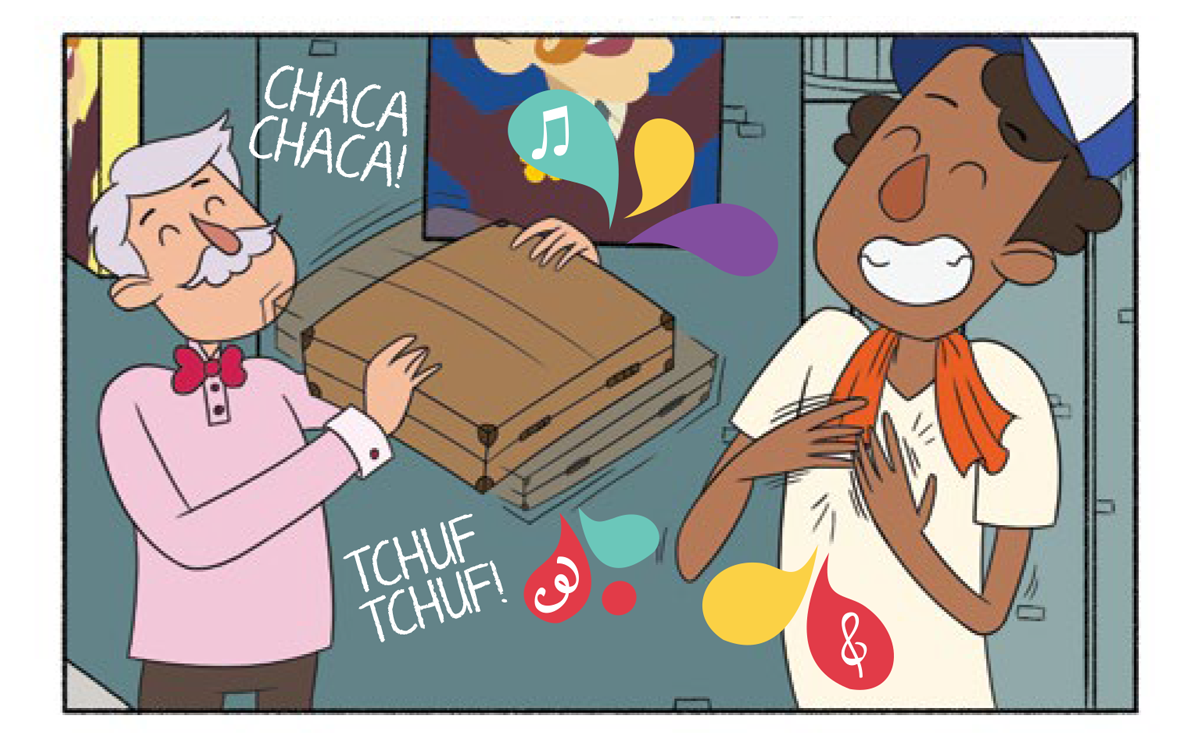 Quadro 4: O vendedor levanta sua maleta e a chocalha para tirar som “CHACA CHACA TCHUF TCHUF”. O flanelinha bate suas mãos no próprio peito para emitir novos sons.