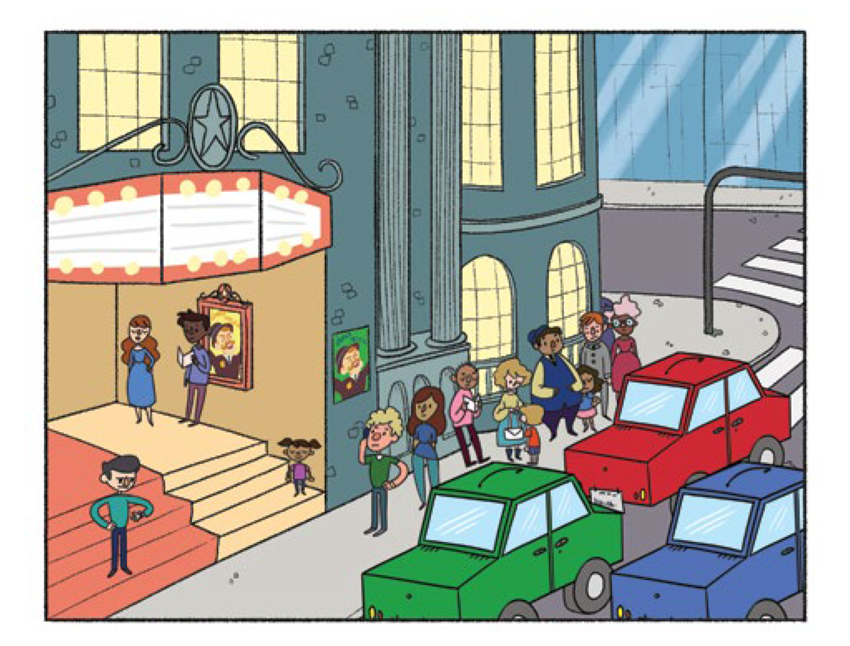 A tirinha com ilustração colorida apresenta no quadro 1: diferentes pessoas impacientes na fila do lado de fora do teatro, enquanto muitos carros passam na rua.