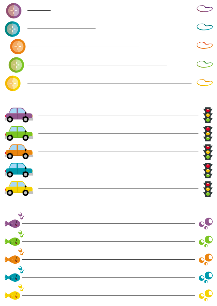 há uma sequência de três ilustrações. Na primeira, há a ilustração de cinco botões coloridos no canto esquerdo sendo direcionado as casas de botão na outra extremidade. Na segunda ilustração, há cinco carros coloridos no canto esquerdo sendo direcionados por meio de linha contínua ao semáforo na extremidade oposta. A terceira ilustração são cinco peixes coloridos no canto esquerdo sendo direcionados por meio de linha contínua as bolhas de ar no lado direito.