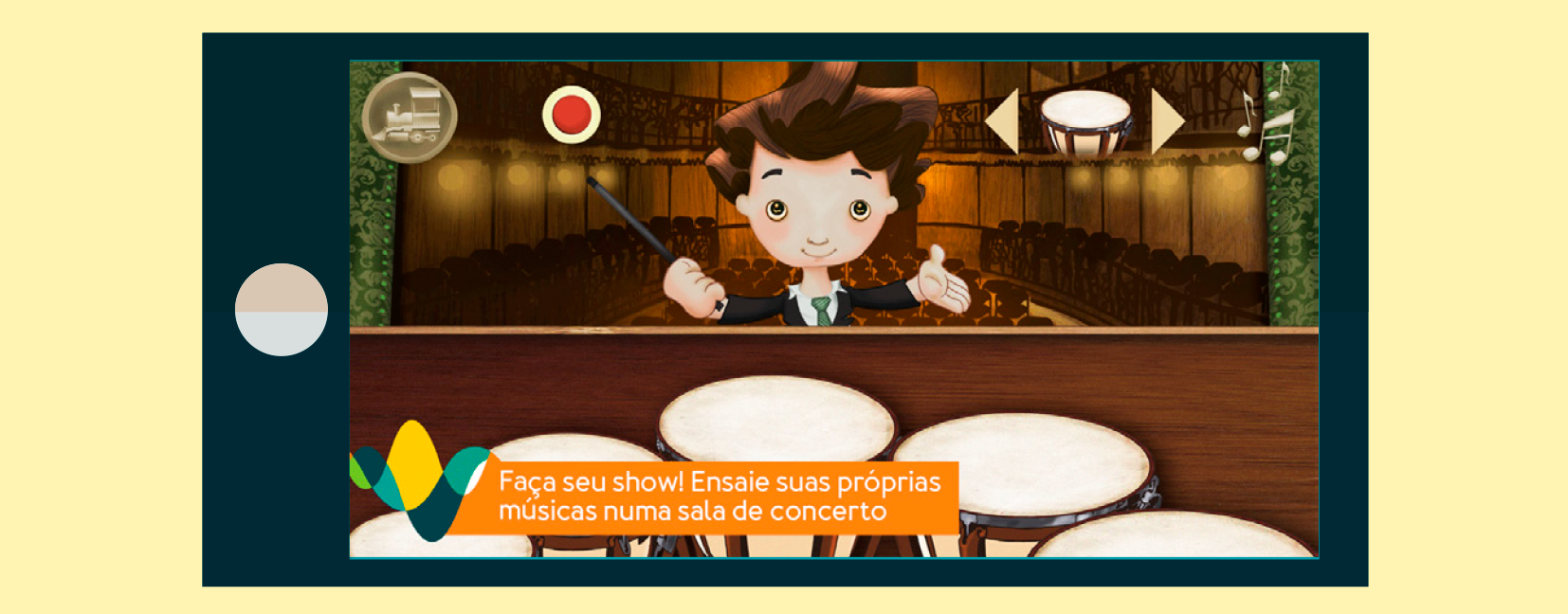 Imagem do aplicativo Tuhu Musical no jogo Concerto, onde o objetivo é apresentar alguns instrumentos e a relação harmoniosa entre eles.